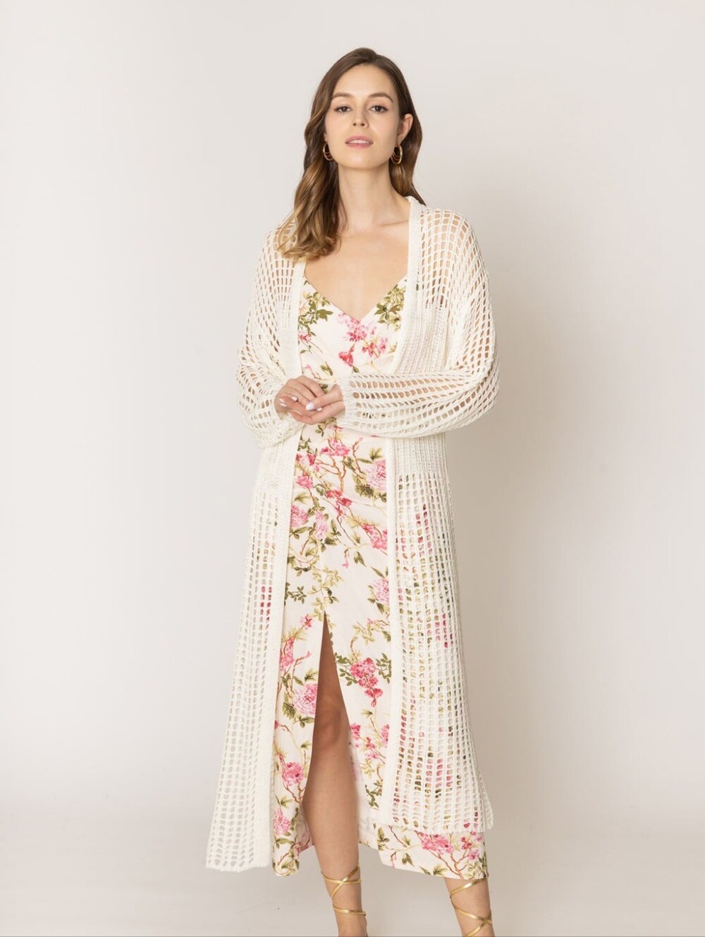 Do Everything in  Love Long chest block crochet duster, White, One Size